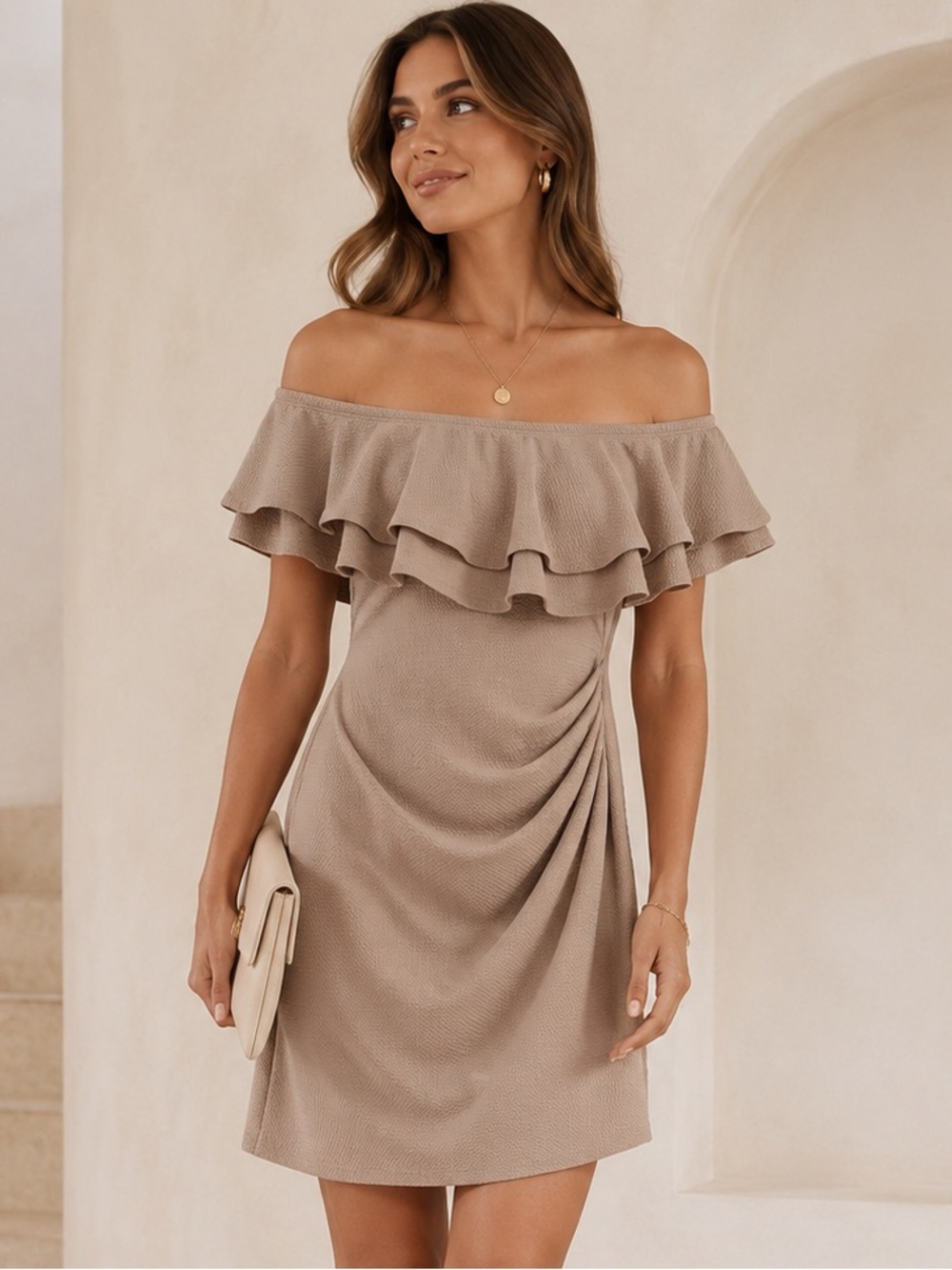 LaClef Beige Taupe Off-Shoulder Midi Dress Old Money Quiet Luxury Preppy